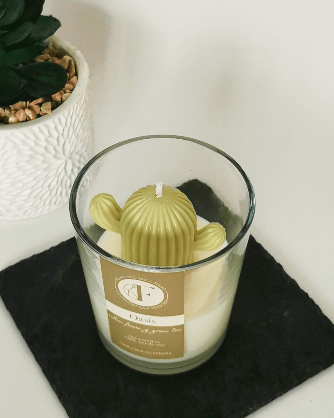 Vela en forma de cactus. Vela aromática. Vela con aroma a fresh cotton y green tea. Vela con aroma a flor de algodón y té verde. Velas que huelen mucho.